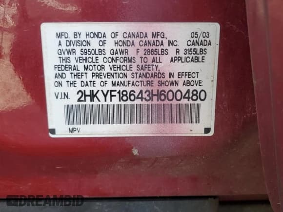 ✅ 2003 Honda Pilot EX • VIN: 2HKYF18643H600480 • Lot: 70622655. Listed on Copart with 225,451 mi. Free auction sales archive from the USA and detailed vehicle history report at DreamBid. Image 14.