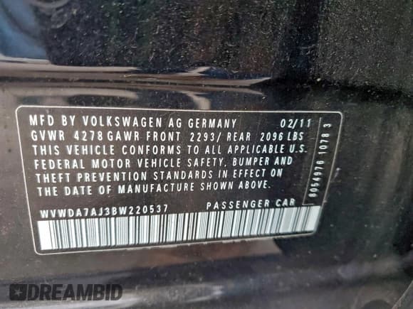 ✅ 2011 Volkswagen Golf • VIN: WVWDA7AJ3BW220537 • Lot: 95887495. Listed on Copart with 144,644 mi. Free auction sales archive from the USA and detailed vehicle history report at DreamBid. Image 12.