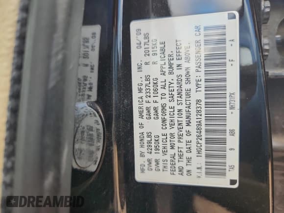 ✅ 2009 Honda Accord LX-P • VIN: 1HGCP26489A128378 • Lot: 91981915. Listed on Copart with 163,189 mi. Free auction sales archive from the USA and detailed vehicle history report at DreamBid. Image 13.