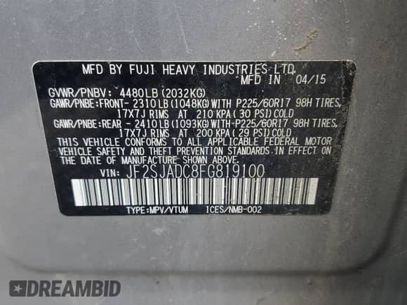 2015 Subaru Forester Premium с VIN JF2SJADC8FG819100, выставлен на аукционе Copart как лот 68849135 с пробегом 150 396 миль миль и Списание • Salvage title. История ставок и продаж доступна на DreamBid. Изображение 13.