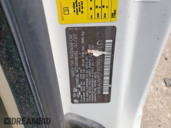 2009 BMW 3 Series 335i xDrive with VIN WBAWC73519E270451, listed as a Copart auction lot 65526515 with Not provided miles and Clean title. Bid and sale history available at DreamBid. Image 12.