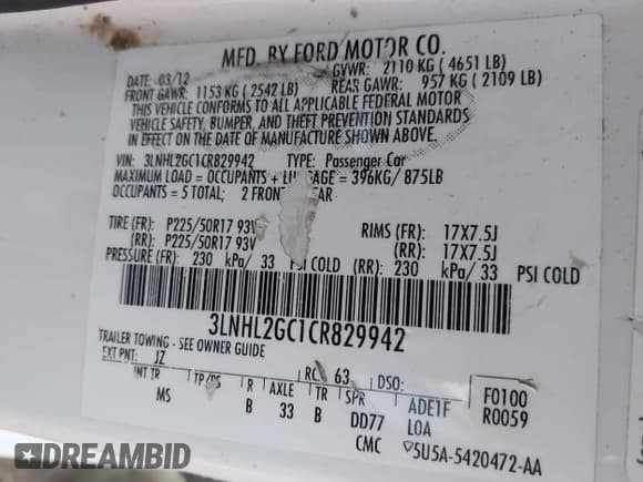 ✅ 2012 Lincoln MKZ • VIN: 3LNHL2GC1CR829942 • Lot: 43594841. Listed on IAAI with 160,096 mi. Free auction sales archive from the USA and detailed vehicle history report at DreamBid. Image 9.