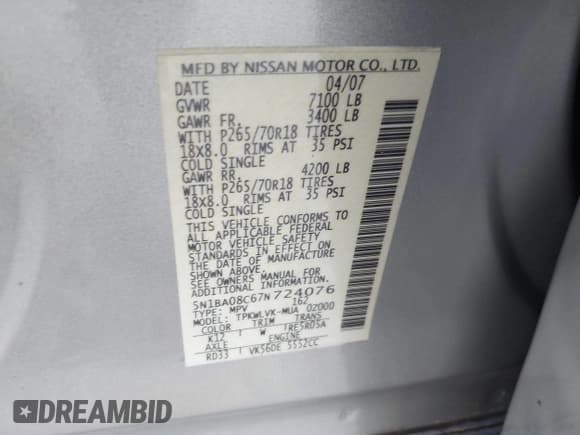 ✅ 2007 Nissan Armada LE • VIN: 5N1BA08C67N724076 • Лот: 42159938. Опубликован ранее на IAAI с пробегом Не указан. Бесплатный доступ к архиву аукционных продаж из США и подробный отчёт об истории автомобиля на DreamBid. Изображение 9.