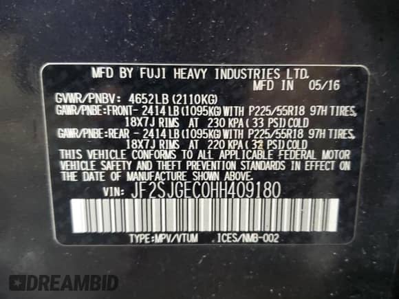 2017 Subaru Forester Premium with VIN JF2SJGEC0HH409180, listed as a Copart auction lot 58047515 with 143,288 mi miles and Salvage title. Bid and sale history available at DreamBid. Image 14.