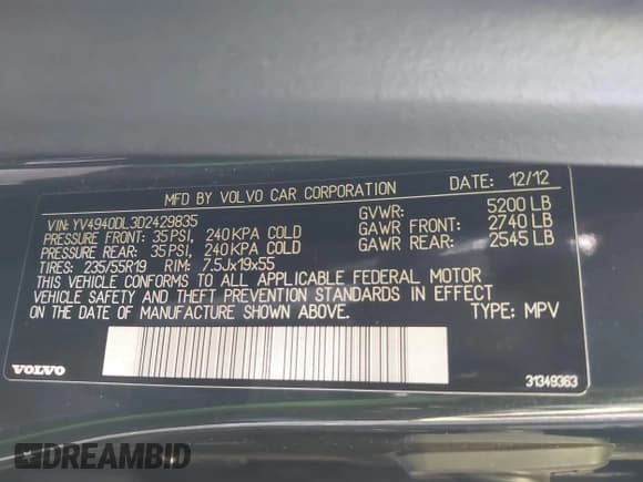 ✅ 2013 Volvo XC60 3.2L • VIN: YV4940DL3D2429835 • Lot: 43800667. Listed on IAAI with 79,890 mi. Free auction sales archive from the USA and detailed vehicle history report at DreamBid. Image 9.