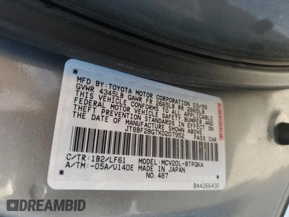 ✅ 1999 Lexus ES 300 • VIN: JT8BF28G7X0207952 • Lot: 90859785. Listed on Copart with 160,420 mi. Free auction sales archive from the USA and detailed vehicle history report at DreamBid. Image 12.