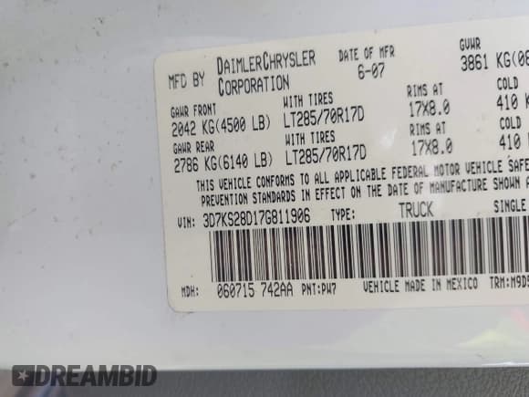 ✅ 2007 Dodge 2500 SLT • VIN: 3D7KS28D17G811906 • Lot: 42697756. Listed on IAAI with 140,936 mi. Free auction sales archive from the USA and detailed vehicle history report at DreamBid. Image 9.