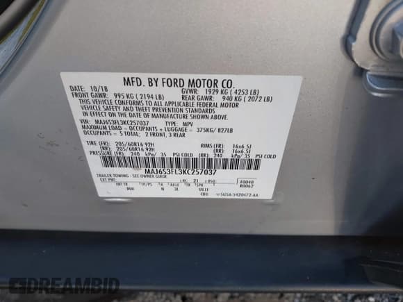 ✅ 2019 Ford EcoSport S • VIN: MAJ6S3FL3KC257037 • Лот: 43590505. Опубликован ранее на IAAI с пробегом 42 569 миль. Бесплатный доступ к архиву аукционных продаж из США и подробный отчёт об истории автомобиля на DreamBid. Изображение 9.