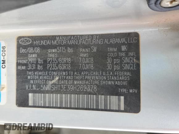 ✅ 2009 Hyundai Santa Fe Limited • VIN: 5NMSH13E39H262378 • Lot: 63527474. Listed on Copart with 147,978 mi. Free auction sales archive from the USA and detailed vehicle history report at DreamBid. Image 15.