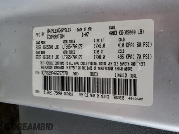 ✅ 2007 Dodge 2500 SLT • VIN: 3D7KS29A47G767579 • Лот: 53457815. Опубликован ранее на Copart с пробегом 230 520 миль. Бесплатный доступ к архиву аукционных продаж из США и подробный отчёт об истории автомобиля на DreamBid. Изображение 12.