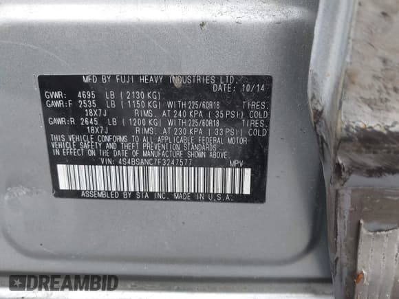 ✅ 2015 Subaru Outback Limited • VIN: 4S4BSANC7F3247577 • Lot: 43670974. Listed on IAAI with 180,000 mi. Free auction sales archive from the USA and detailed vehicle history report at DreamBid. Image 9.