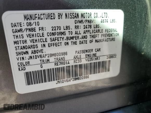 ✅ 2011 Infiniti G25 • VIN: JN1DV6AP2BM600986 • Lot: 86899245. Listed on Copart with 117,256 mi. Free auction sales archive from the USA and detailed vehicle history report at DreamBid. Image 12.