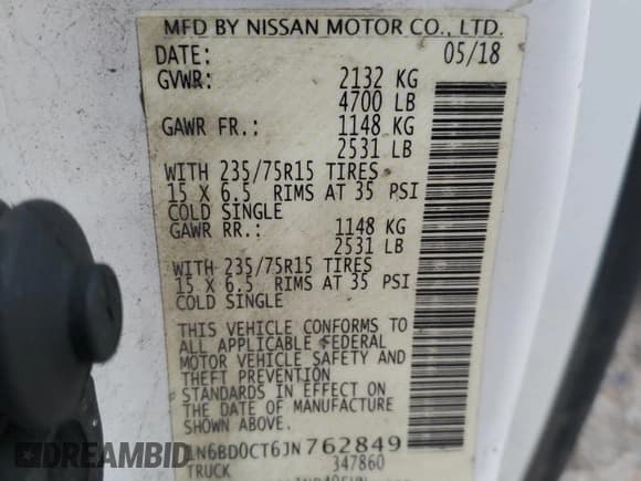 ✅ 2018 Nissan Frontier SV • VIN: 1N6BD0CT6JN762849 • Lot: 93526495. Listed on Copart with Not provided. Free auction sales archive from the USA and detailed vehicle history report at DreamBid. Image 12.