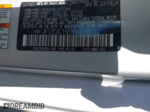 ✅ 2014 Subaru BRZ Limited • VIN: JF1ZCAC15E9604399 • Lot: 43050888. Listed on IAAI with 191,473 mi. Free auction sales archive from the USA and detailed vehicle history report at DreamBid. Image 9.