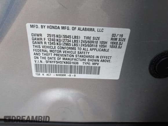 ✅ 2019 Honda Pilot EX-L • VIN: 5FNYF5H57KB031636 • Lot: 43281103. Listed on IAAI with 89,628 mi. Free auction sales archive from the USA and detailed vehicle history report at DreamBid. Image 9.