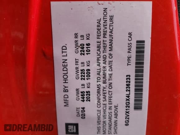 ✅ 2004 Pontiac GTO • VIN: 6G2VX12GX4L236233 • Lot: 78680764. Listed on Copart with 114,650 mi. Free auction sales archive from the USA and detailed vehicle history report at DreamBid. Image 12.