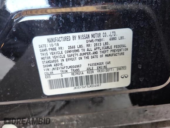 ✅ 2020 Infiniti Q50 Pure • VIN: JN1EV7AP7LM204967 • Lot: 60698445. Listed on Copart with 71,441 mi. Free auction sales archive from the USA and detailed vehicle history report at DreamBid. Image 13.