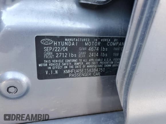 ✅ 2005 Hyundai XG • VIN: KMHFU45E15A384751 • Лот: 90651655. Опубликован ранее на Copart с пробегом Не указан. Бесплатный доступ к архиву аукционных продаж из США и подробный отчёт об истории автомобиля на DreamBid. Изображение 12.