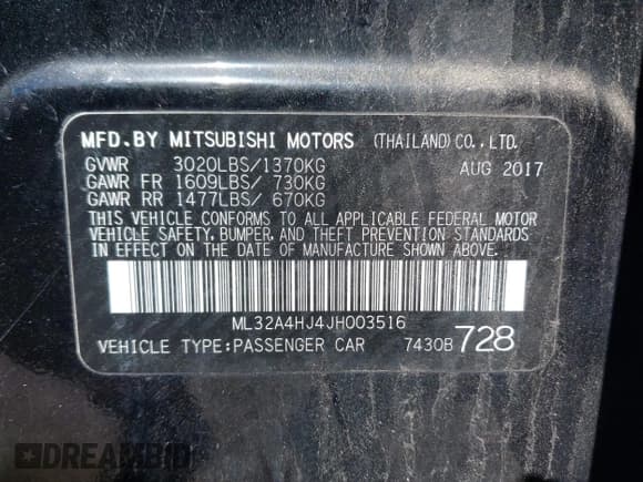 ✅ 2018 Mitsubishi Mirage SE • VIN: ML32A4HJ4JH003516 • Lot: 42811048. Listed on IAAI with 99,458 mi. Free auction sales archive from the USA and detailed vehicle history report at DreamBid. Image 9.