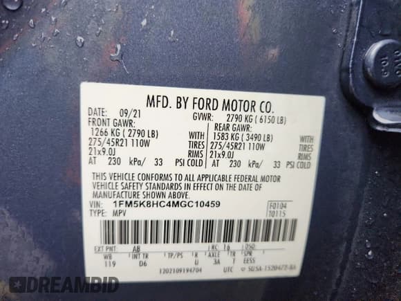 ✅ 2021 Ford Explorer Platinum • VIN: 1FM5K8HC4MGC10459 • Лот: 84984905. Опубликован ранее на Copart с пробегом 33 817 миль. Бесплатный доступ к архиву аукционных продаж из США и подробный отчёт об истории автомобиля на DreamBid. Изображение 14.