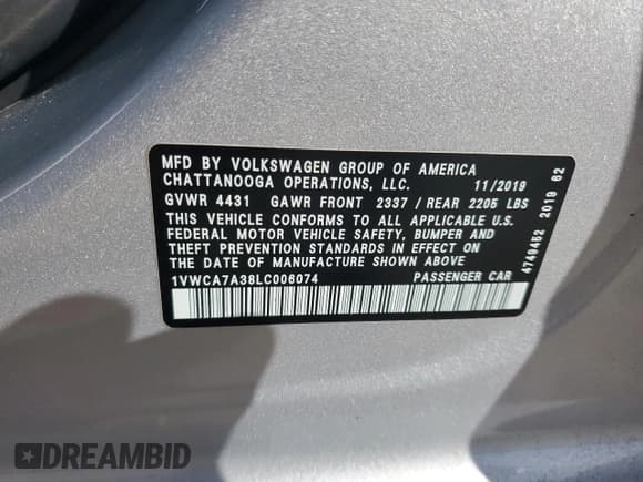 ✅ 2020 Volkswagen Passat SEL • VIN: 1VWCA7A38LC006074 • Lot: 85088445. Wystawiony na Copart z przebiegiem 92 123 mil. Bezpłatny archiwum sprzedaży aukcyjnych z USA i szczegółowy raport historii pojazdu na DreamBid. Zdjęcie 12.