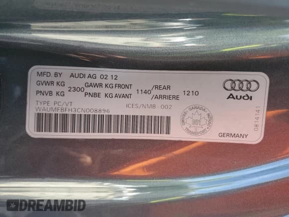 ✅ 2012 Audi A5 • VIN: WAUMFBFH3CN008896 • Lot: 70458565. Listed on Copart with 124,030 mi. Free auction sales archive from the USA and detailed vehicle history report at DreamBid. Image 12.
