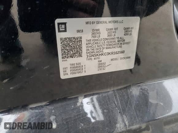 2019 Chevrolet Suburban LT с VIN 1GNSKHKC3KR162560, выставлен на аукционе Copart как лот 87454065 с пробегом 93 523 миль миль и Списание • Salvage title. История ставок и продаж доступна на DreamBid. Изображение 13.