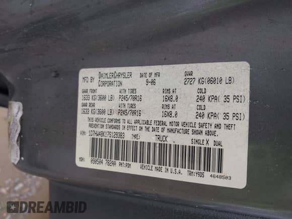 2007 Dodge Dakota SLT with VIN 1D7HW48K17S129383, listed as a IAAI auction lot 42253930 with 164,430 mi miles and . Bid and sale history available at DreamBid. Image 9.