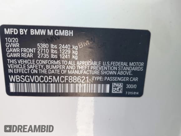 ✅ 2021 BMW M8 Competition • VIN: WBSGV0C05MCF88621 • Lot: 42218093. Listed on IAAI with Not provided. Free auction sales archive from the USA and detailed vehicle history report at DreamBid. Image 9.