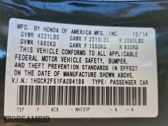 ✅ 2015 Honda Accord Sport • VIN: 1HGCR2F51FA094198 • Лот: 94291705. Опубликован ранее на Copart с пробегом 156 171 миль. Бесплатный доступ к архиву аукционных продаж из США и подробный отчёт об истории автомобиля на DreamBid. Изображение 12.