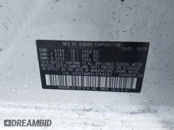 ✅ 2020 Subaru Impreza Special Sports • VIN: 4S3GTAM65L3709293 • Lot: 43699255. Listed on IAAI with 17,717 mi. Free auction sales archive from the USA and detailed vehicle history report at DreamBid. Image 9.