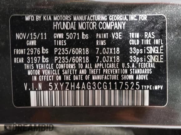 ✅ 2012 Hyundai Santa Fe SE • VIN: 5XYZH4AG3CG117525 • Lot: 75181374. Listed on Copart with 96,764 mi. Free auction sales archive from the USA and detailed vehicle history report at DreamBid. Image 13.