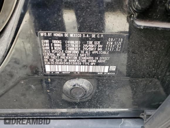 ✅ 2019 Honda HR-V LX • VIN: 3CZRU6H34KG730659 • Lot: 85276875. Listed on Copart with 100,866 mi. Free auction sales archive from the USA and detailed vehicle history report at DreamBid. Image 12.