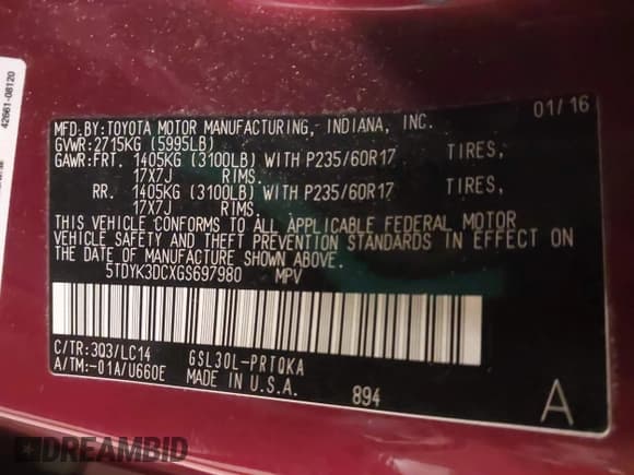 ✅ 2016 Toyota Sienna XLE • VIN: 5TDYK3DCXGS697980 • Lot: 41500895. Listed on IAAI with 94,750 mi. Free auction sales archive from the USA and detailed vehicle history report at DreamBid. Image 9.