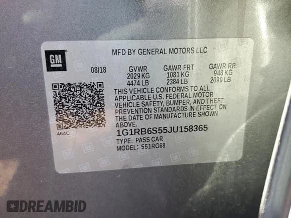 ✅ 2018 Chevrolet Volt Premier • VIN: 1G1RB6S55JU158365 • Lot: 68785283. Listed on Copart with 38,782 mi. Free auction sales archive from the USA and detailed vehicle history report at DreamBid. Image 13.