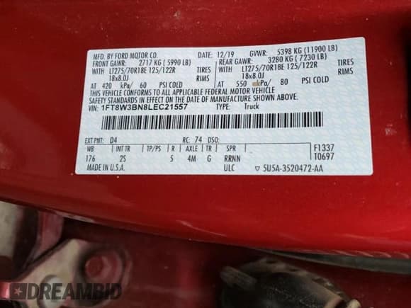 ✅ 2020 Ford F-350 XL • VIN: 1FT8W3BN8LEC21557 • Лот: 68927375. Опубликован ранее на Copart с пробегом 27 607 миль. Бесплатный доступ к архиву аукционных продаж из США и подробный отчёт об истории автомобиля на DreamBid. Изображение 12.