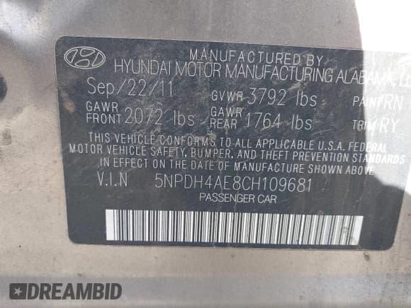 ✅ 2012 Hyundai Elantra GLS • VIN: 5NPDH4AE8CH109681 • Lot: 43493963. Listed on IAAI with 163,631 mi. Free auction sales archive from the USA and detailed vehicle history report at DreamBid. Image 9.