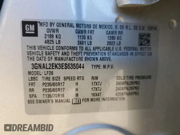 ✅ 2014 Chevrolet Captiva Sport LS • VIN: 3GNAL2EK3ES635044 • Лот: 43379455. Опубликован ранее на Copart с пробегом 144 153 миль. Бесплатный доступ к архиву аукционных продаж из США и подробный отчёт об истории автомобиля на DreamBid. Изображение 15.
