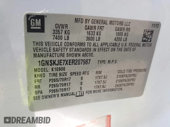 ✅ 2014 Chevrolet Suburban LT • VIN: 1GNSKJE7XER207987 • Lot: 43375552. Listed on IAAI with 146,389 mi. Free auction sales archive from the USA and detailed vehicle history report at DreamBid. Image 9.