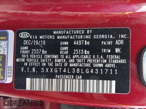 ✅ 2020 Kia Optima LX • VIN: 5XXGT4L38LG431711 • Lot: 42867184. Listed on IAAI with 202,660 mi. Free auction sales archive from the USA and detailed vehicle history report at DreamBid. Image 9.