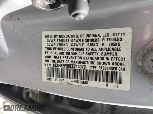 ✅ 2014 Honda Civic LX • VIN: 19XFB2F59EE214079 • Lot: 43271959. Listed on IAAI with 154,255 mi. Free auction sales archive from the USA and detailed vehicle history report at DreamBid. Image 9.