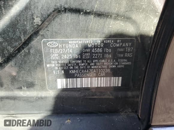 ✅ 2014 Hyundai Sonata • VIN: KMHEC4A47EA110238 • Lot: 76750294. Listed on Copart with 103,647 mi. Free auction sales archive from the USA and detailed vehicle history report at DreamBid. Image 12.