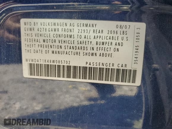 ✅ 2008 Volkswagen Rabbit S • VIN: WVWDA71K48W085702 • Lot: 54079515. Listed on Copart with 125,945 mi. Free auction sales archive from the USA and detailed vehicle history report at DreamBid. Image 12.
