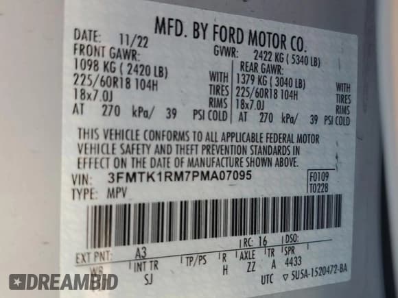 ✅ 2023 Ford Mustang Mach-E Select • VIN: 3FMTK1RM7PMA07095 • Lot: 85859535. Listed on Copart with 85,984 mi. Free auction sales archive from the USA and detailed vehicle history report at DreamBid. Image 12.