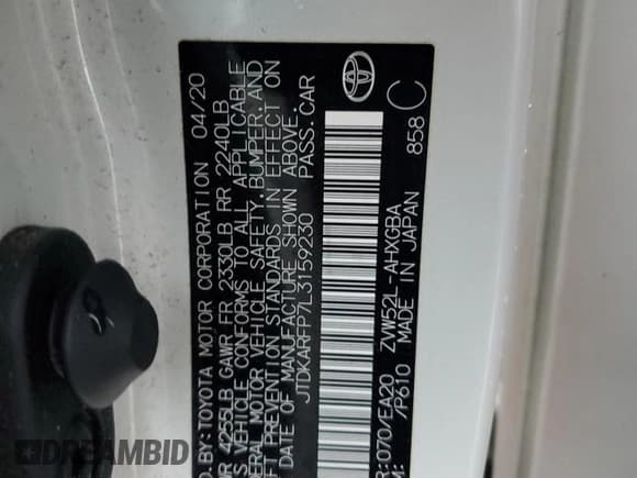 ✅ 2020 Toyota Prius XLE • VIN: JTDKARFP7L3159230 • Лот: 91917525. Опубликован ранее на Copart с пробегом Не указан. Бесплатный доступ к архиву аукционных продаж из США и подробный отчёт об истории автомобиля на DreamBid. Изображение 12.