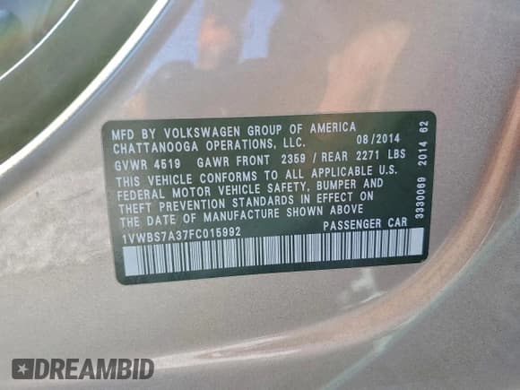 ✅ 2015 Volkswagen Passat SE • VIN: 1VWBS7A37FC015992 • Лот: 93832365. Опубликован ранее на Copart с пробегом 111 659 миль. Бесплатный доступ к архиву аукционных продаж из США и подробный отчёт об истории автомобиля на DreamBid. Изображение 12.