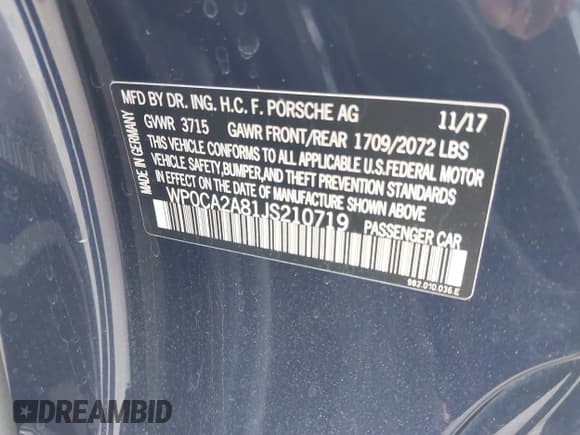 ✅ 2018 Porsche 718 Boxster • VIN: WP0CA2A81JS210719 • Lot: 41998898. Listed on IAAI with 49,369 mi. Free auction sales archive from the USA and detailed vehicle history report at DreamBid. Image 9.