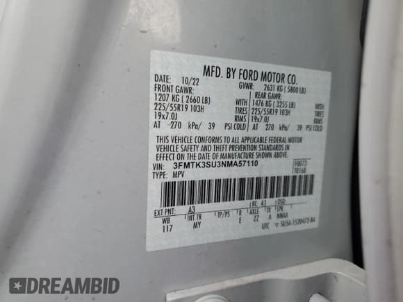 ✅ 2022 Ford Mustang Mach-E Premium • VIN: 3FMTK3SU3NMA57110 • Лот: 91570275. Опубликован ранее на Copart с пробегом 56 064 миль. Бесплатный доступ к архиву аукционных продаж из США и подробный отчёт об истории автомобиля на DreamBid. Изображение 13.