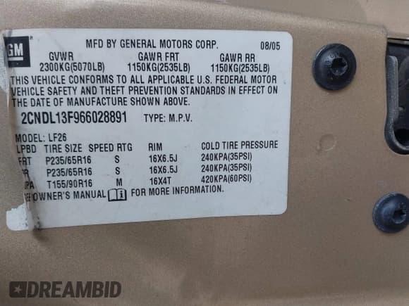 ✅ 2006 Chevrolet Equinox LS • VIN: 2CNDL13F966028891 • Лот: 41241845. Опубликован ранее на IAAI с пробегом 229 046 миль. Бесплатный доступ к архиву аукционных продаж из США и подробный отчёт об истории автомобиля на DreamBid. Изображение 9.