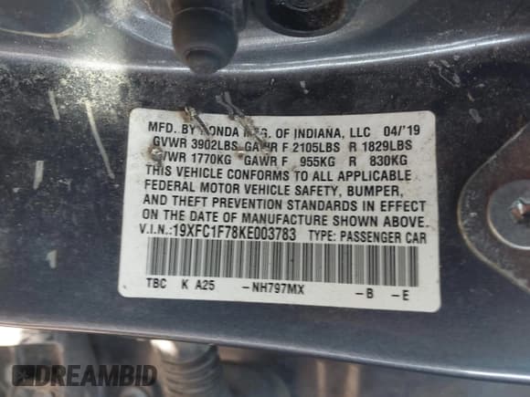 ✅ 2019 Honda Civic EX-L • VIN: 19XFC1F78KE003783 • Lot: 42952265. Listed on IAAI with 112,361 mi. Free auction sales archive from the USA and detailed vehicle history report at DreamBid. Image 9.